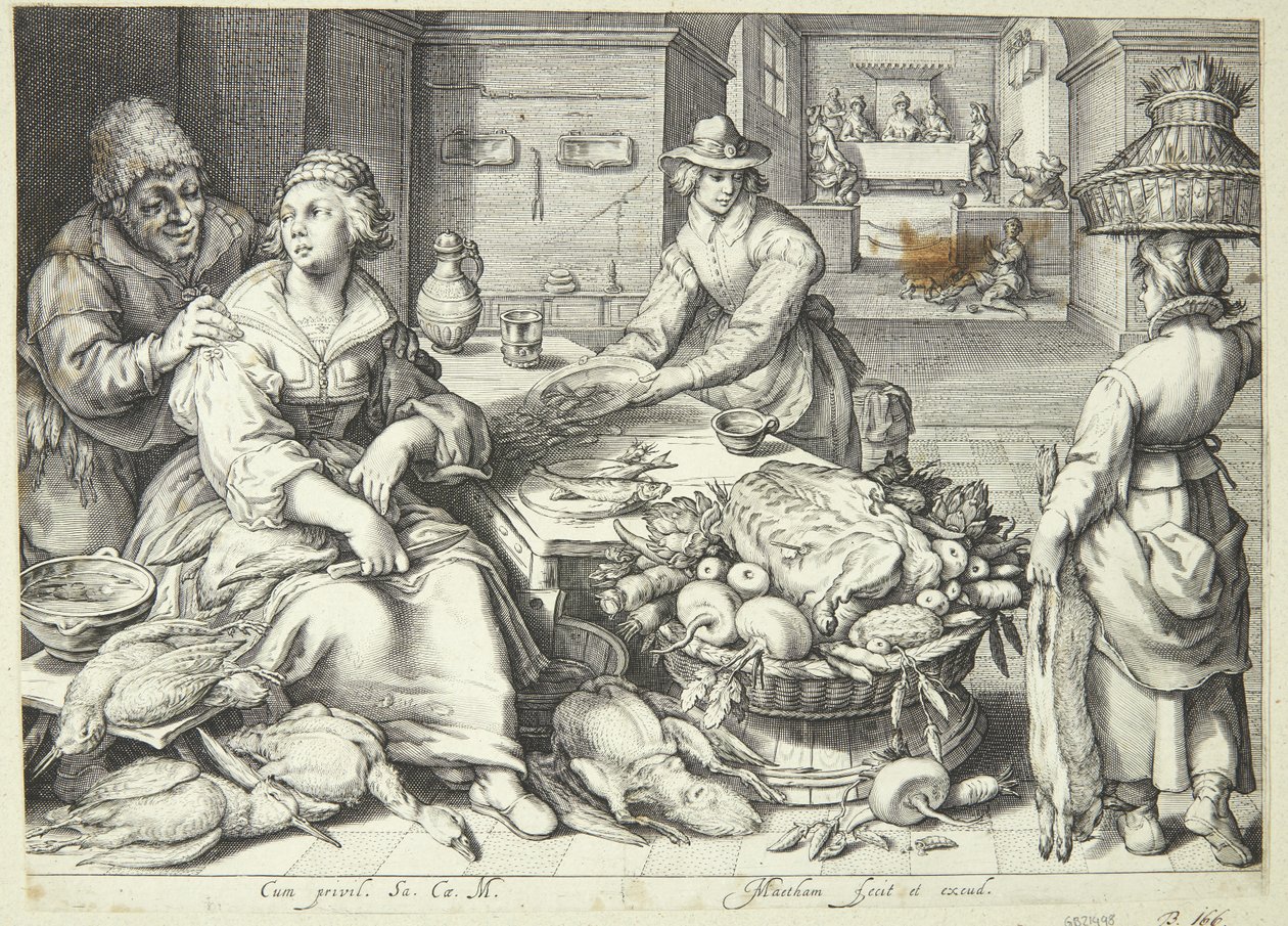Escena de cocina con una cocinera desplumando aves de Jacob Matham