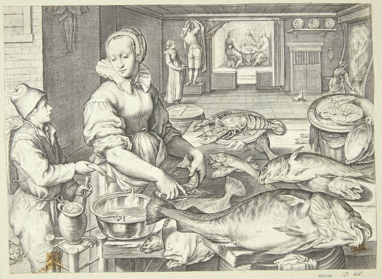 Escena de cocina con una cocinera limpiando pescado de Jacob Matham