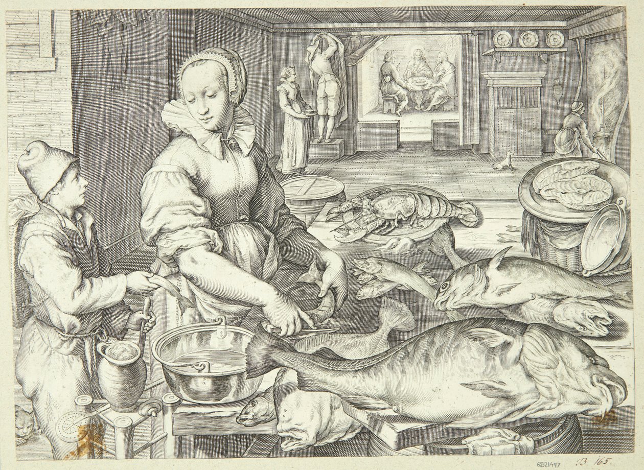 Escena de cocina con una cocinera limpiando pescado de Jacob Matham
