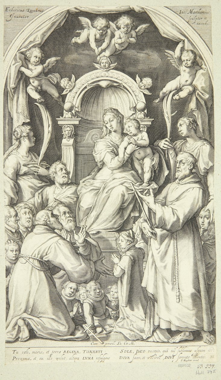 María y el niño con mecenas y santos (Santa Lucía, Catalina de Alejandría, Francisco de Asís y miembros de la familia Zuccaro) de Jacob Matham