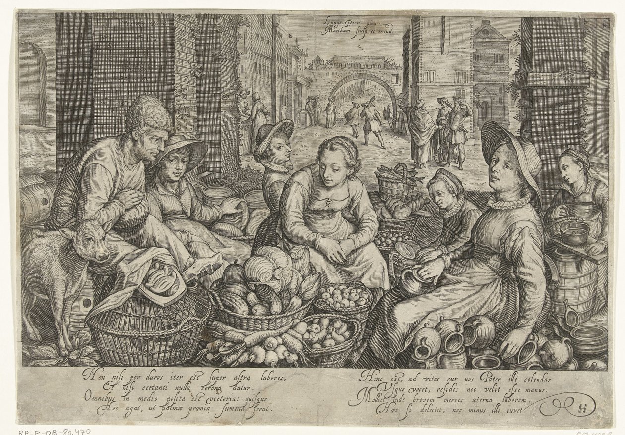 Escena de mercado con la parábola de los trabajadores de la viña al fondo, hacia 1600 de Jacob Matham