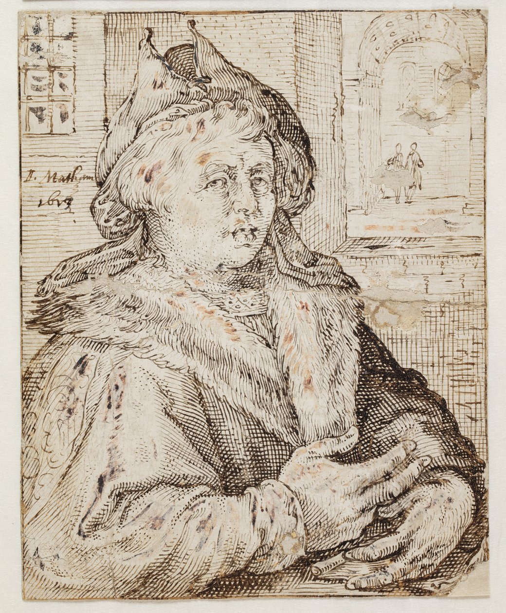 Retrato de un hombre con gorra y capa con borde de piel, mirando hacia la derecha. A la derecha, a través de una ventana, vista de otras habitaciones de Jacob Matham