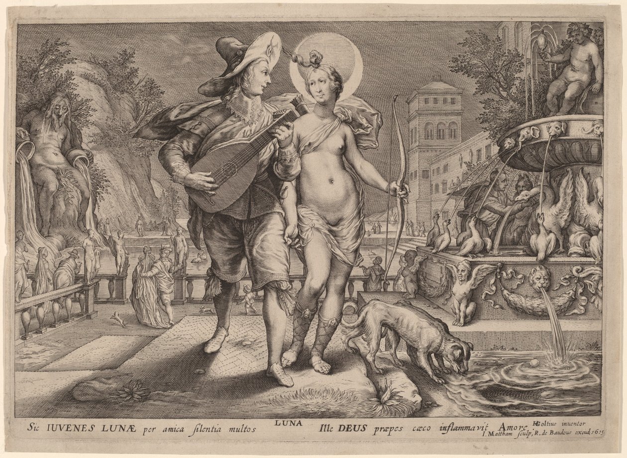 Diana como Luna acompañando a un joven serenata de Jacob Matham, after Hendrik Goltzius