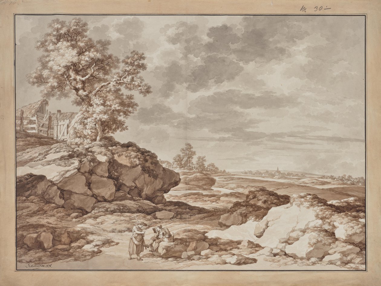 Paisaje con pueblo y dos granjeros de Jacob Matthias Schmutzer
