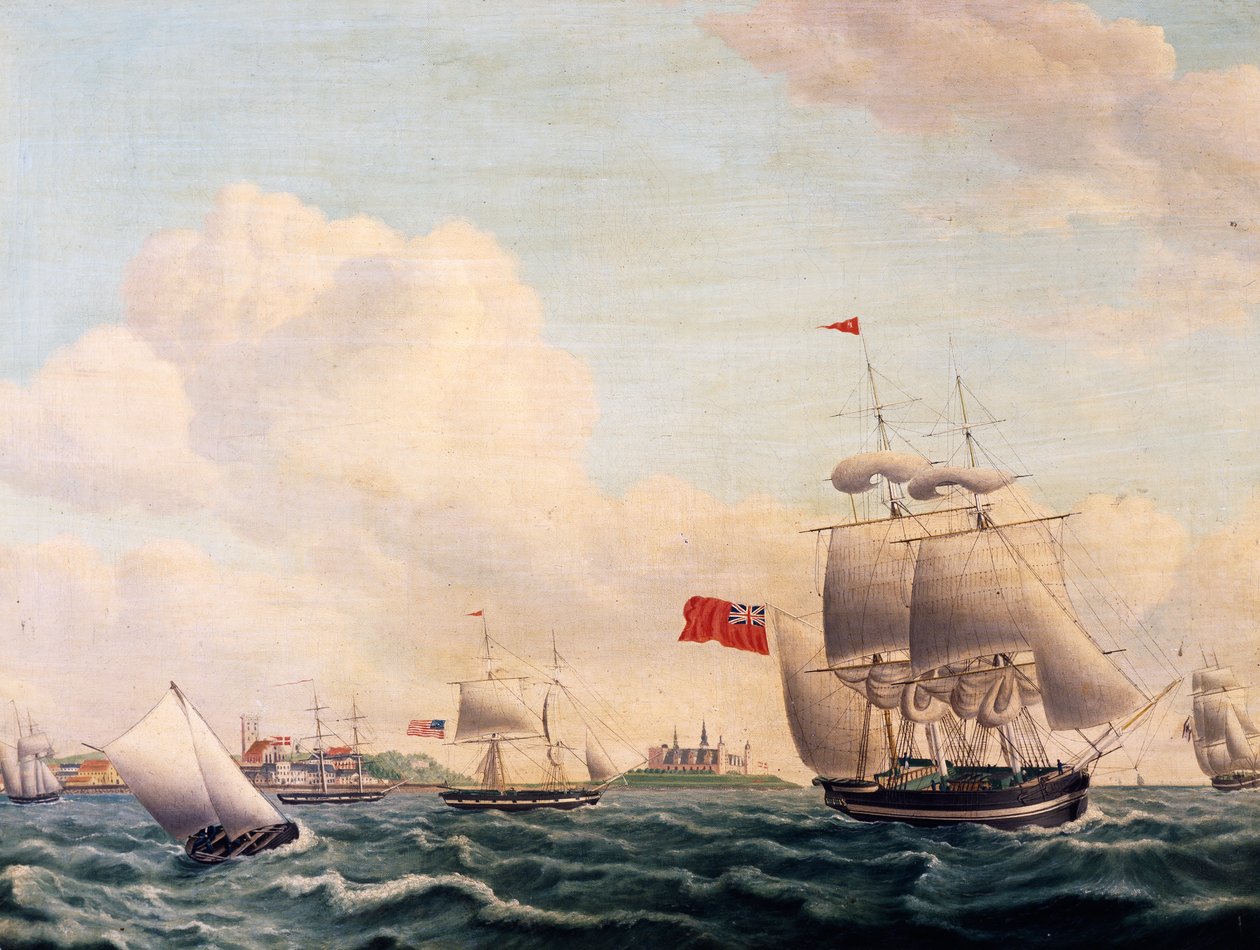Barcos navegando por el estrecho de Oresund entre Suecia y Dinamarca con el castillo de Kronborg al fondo de Jacob Petersen