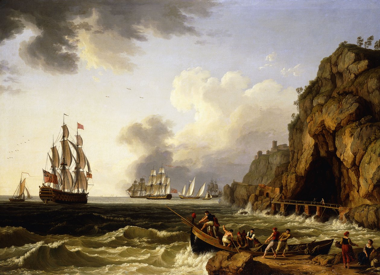 Una vista de la costa cerca de Nápoles con un barco de la Royal Navy británica de tres cubiertas ondeando la bandera de un vicealmirante del Rojo de Jacob Philippe Hackert