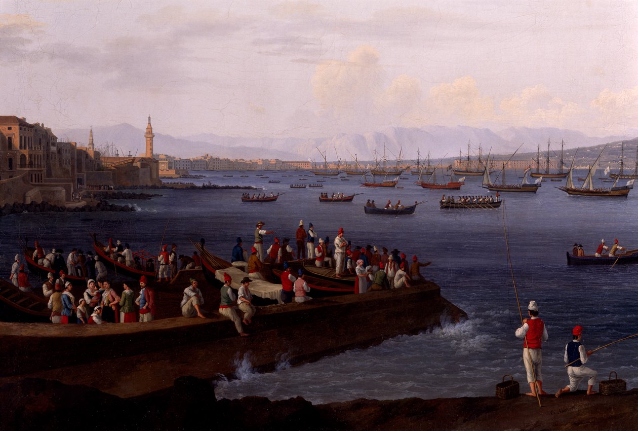 La Bahía de Nápoles cerca de Santa Lucía mostrando las flotas navales regresando de Argel de Jacob Philippe Hackert