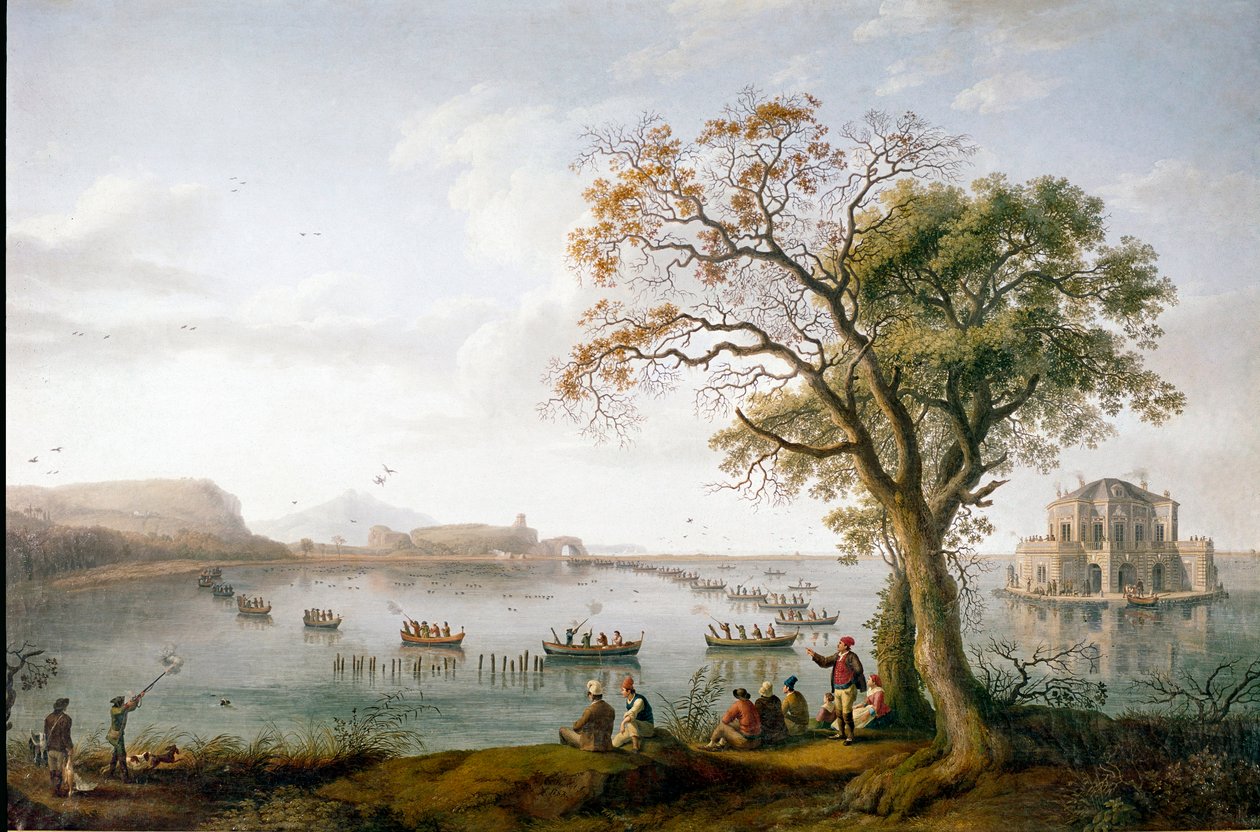 La caza de la focha de Fernando I de las Dos Sicilias en el lago Fusaro cerca de Nápoles, Italia de Jacob Philippe Hackert