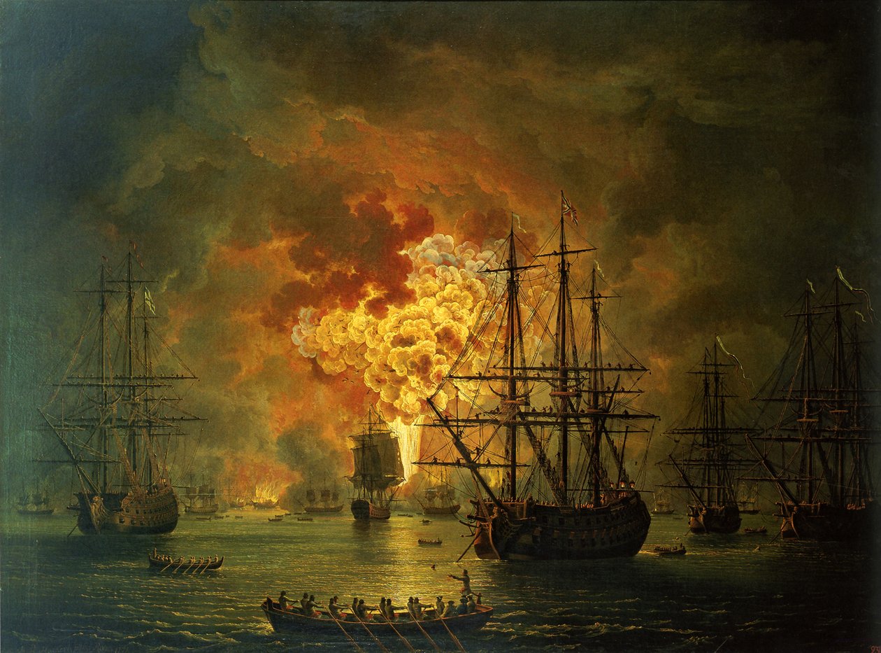 La destrucción de la flota turca en la bahía de Chesma, 1772 de Jacob Philippe Hackert