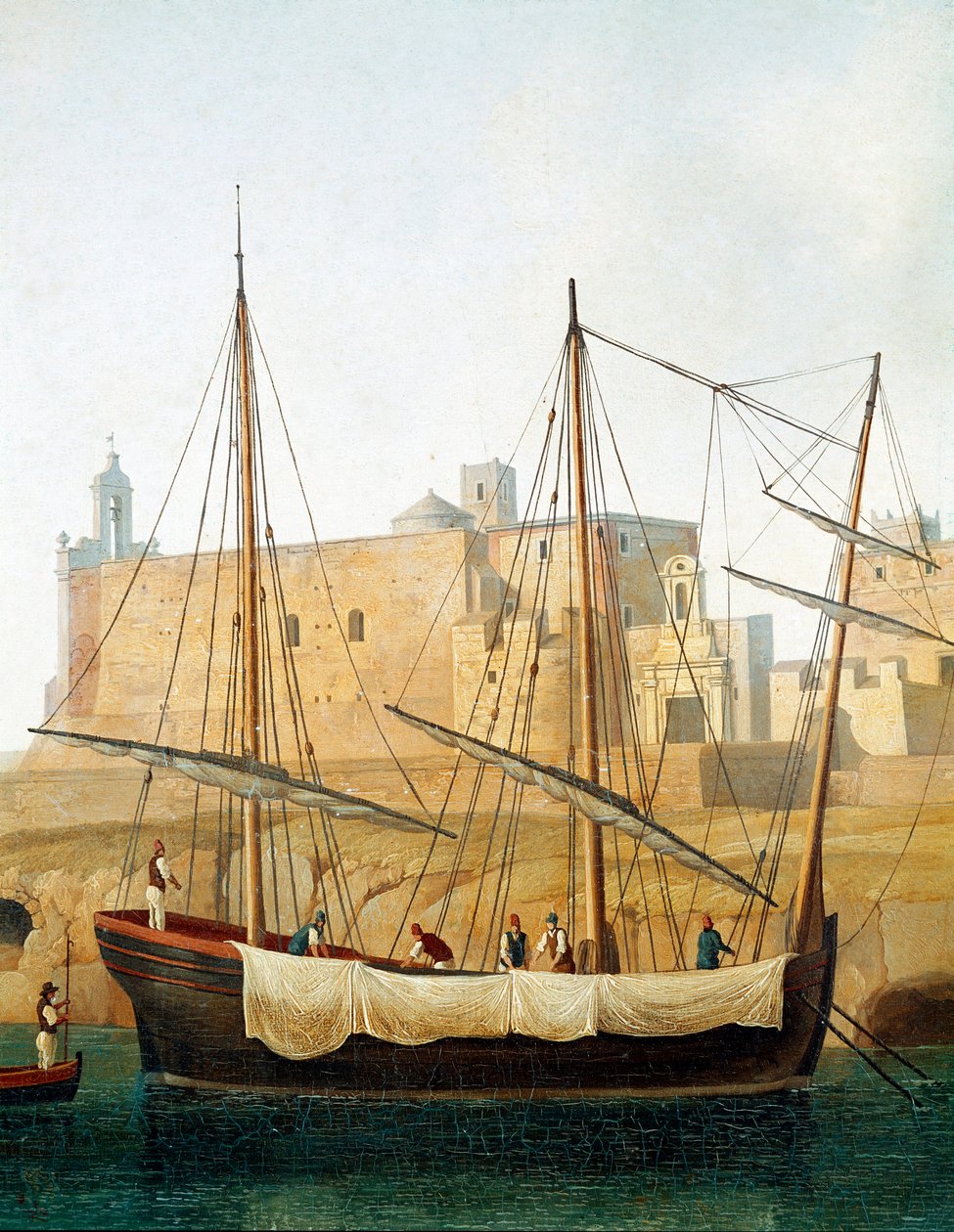 Vista de un barco en el puerto de Monopoli, Apulia, Italia de Jacob Philippe Hackert