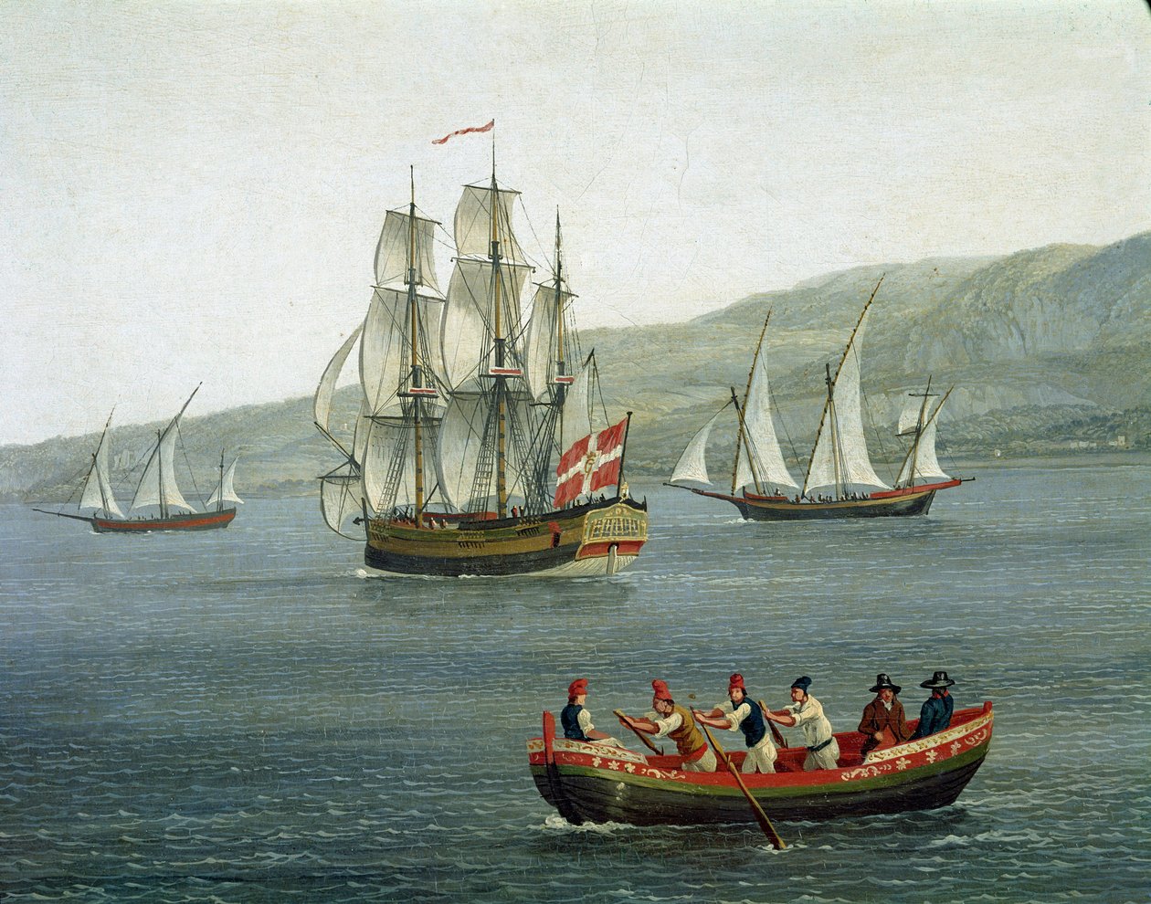 Vista de barcos en el estrecho de Mesina, Reggio Calabria, Italia (detalle) de Jacob Philippe Hackert