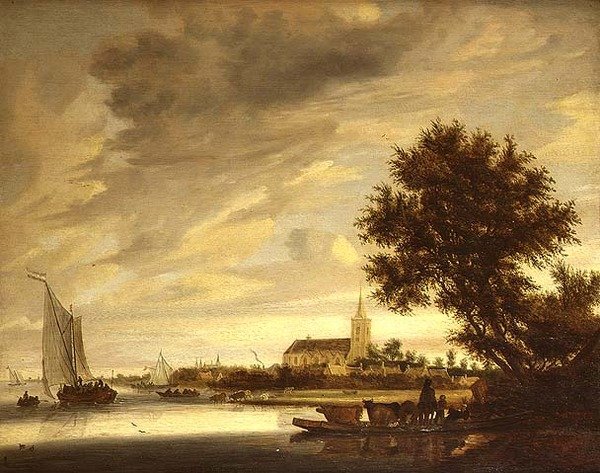 Un paisaje fluvial con un ferry en primer plano de Jacob Salomonsz. (circle of) Ruysdael