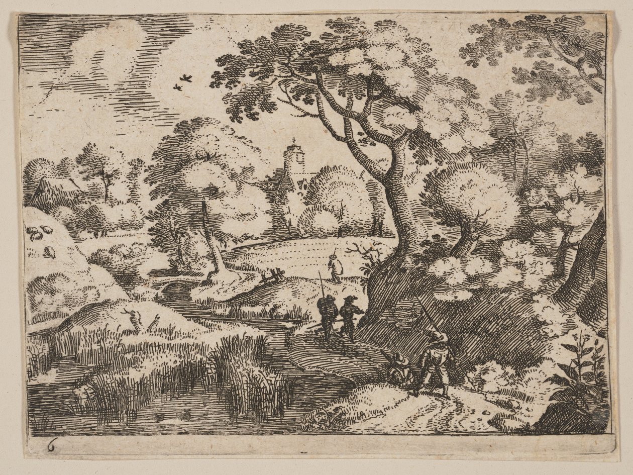 Sendero entre pantano y ribera arbolada, de Paisajes de Jacob Savery I