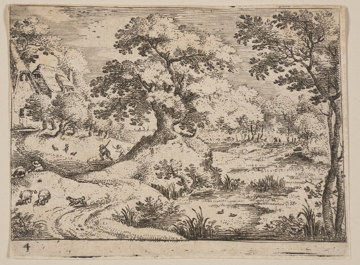 Sendero junto a un pantano: Perro pastor y ovejas, de Paisajes de Jacob Savery I