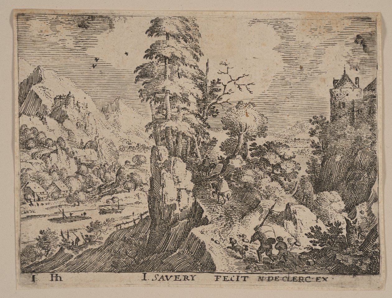 Sendero con viajeros a la derecha del río, de Paisajes de Jacob Savery I