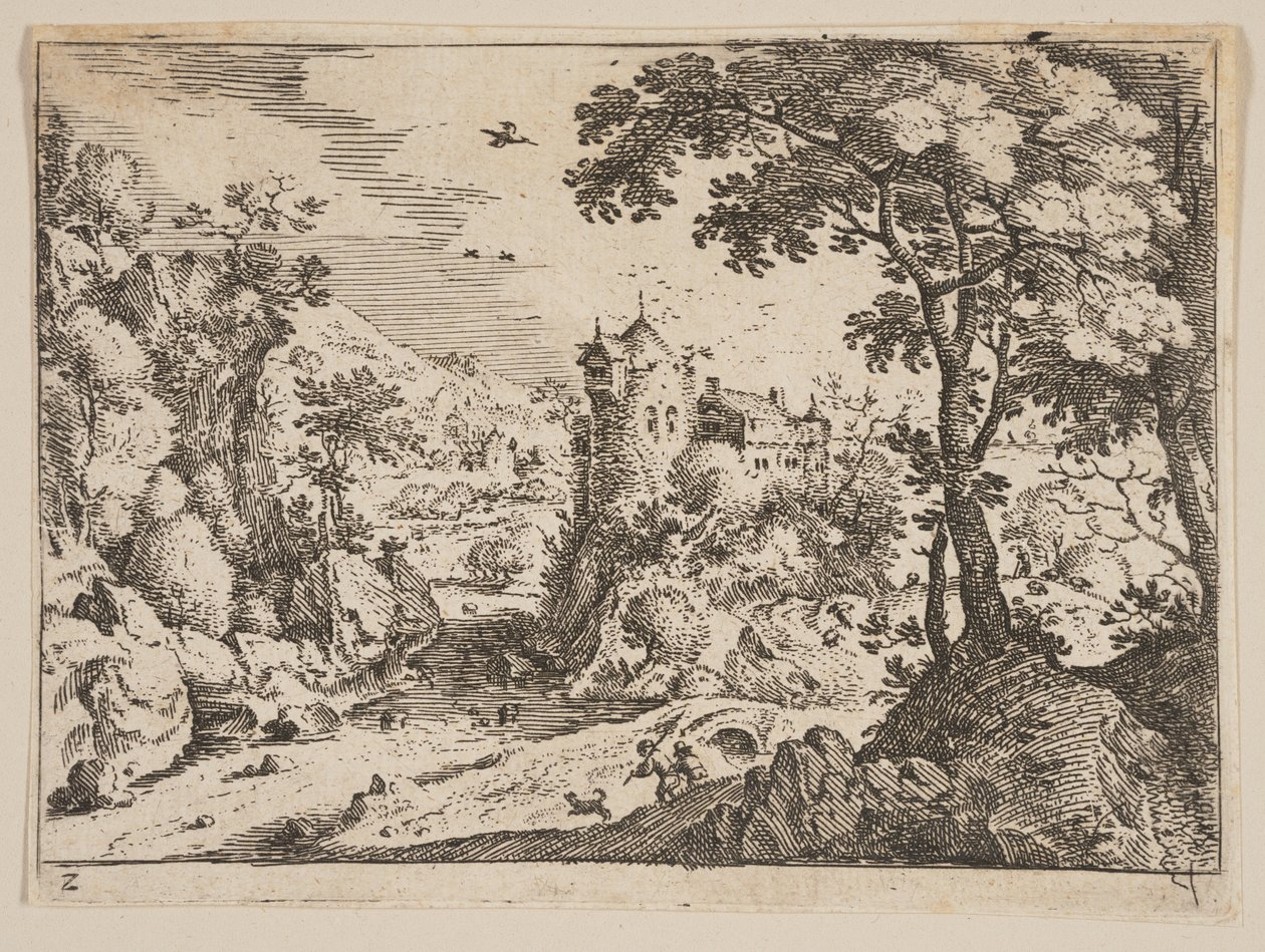 Arroyo entre ladera rocosa y castillo, de Paisajes de Jacob Savery I