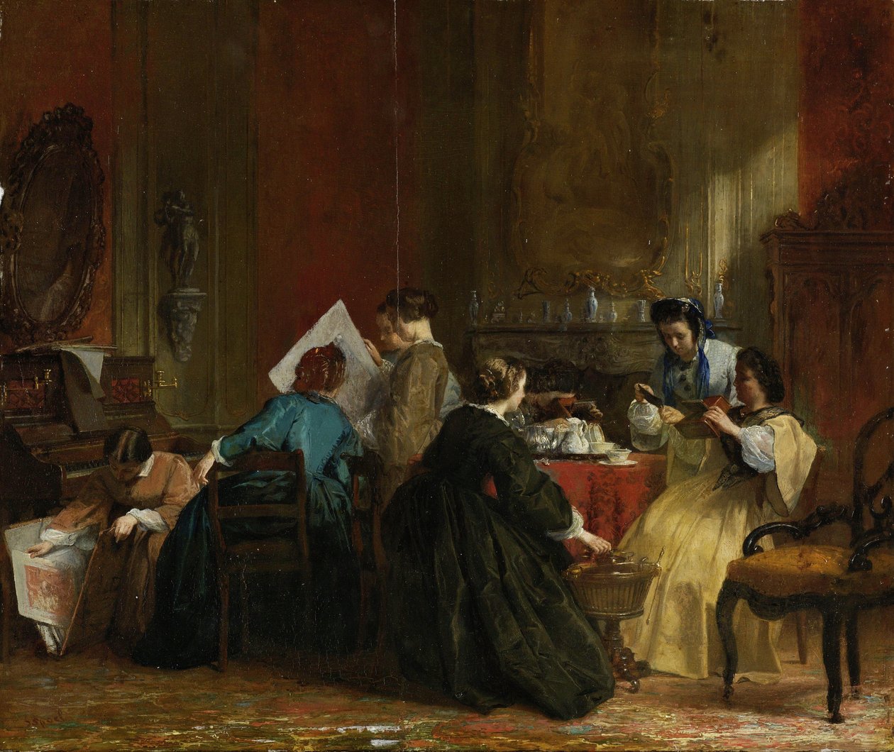 Grupo de mujeres mirando fotografías estereoscópicas, c.1868 de Jacob Spoel