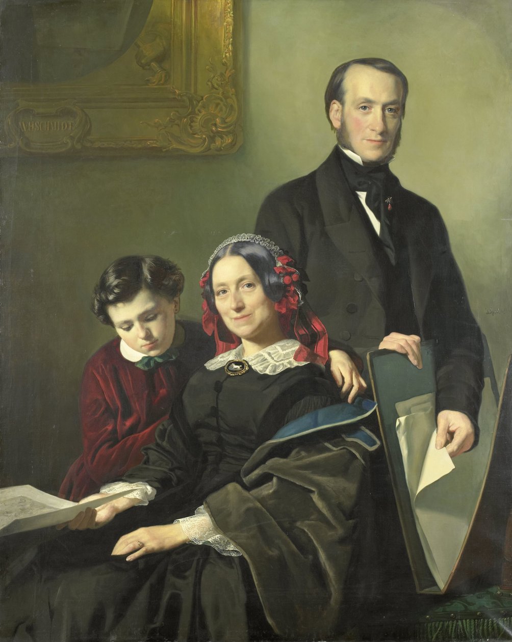 La Sra. A.J. Schmidt-Keiser, viuda del pintor Willem Hendrik Schmidt (1809-49), maestro de Jacob Spoel, con su hermano J.N. Keiser y su hijo de diez años de Jacob Spoel