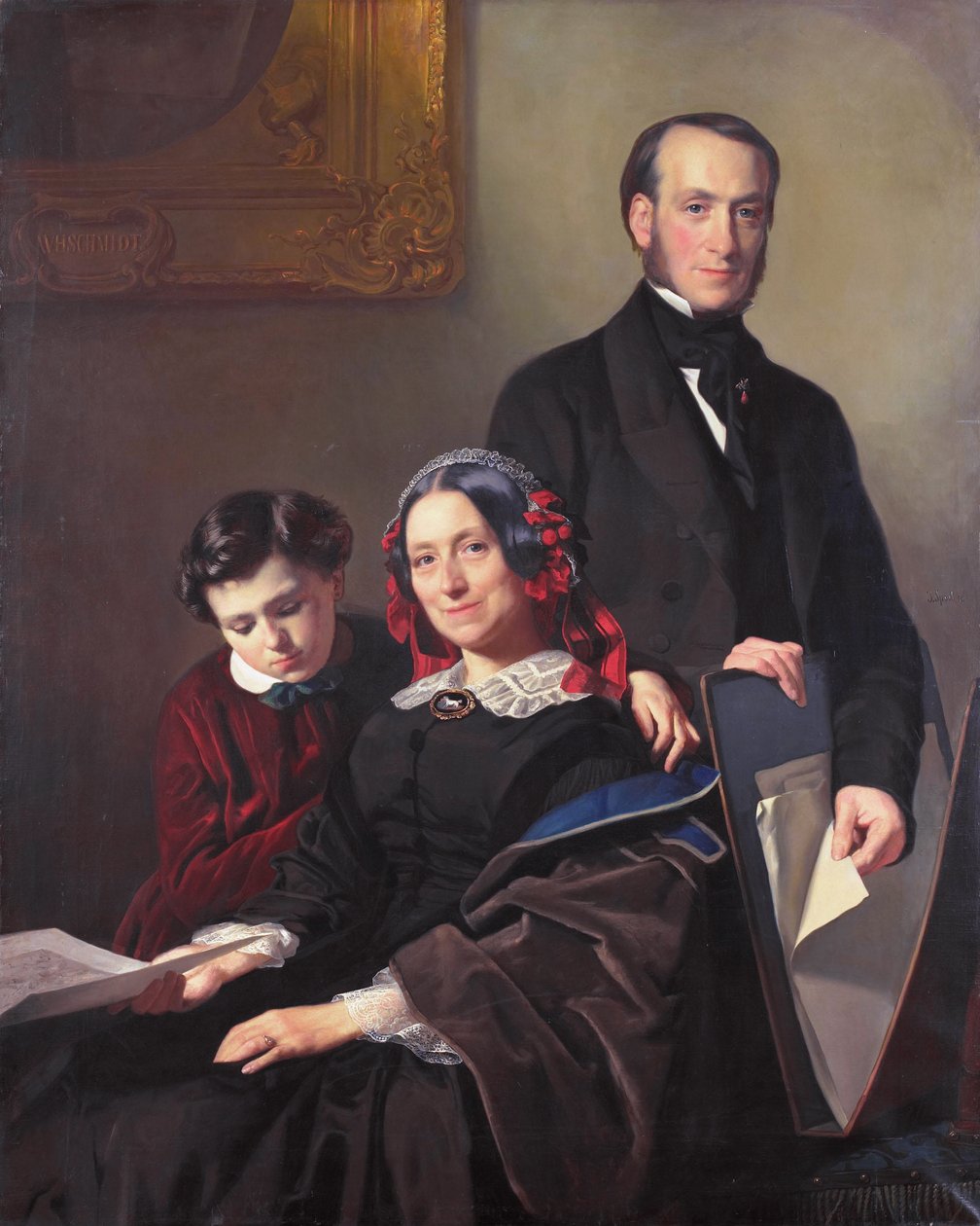 La Sra. A J Schmidt-Keiser, viuda del pintor Willem Hendrik Schmidt (1809-49), maestro de Jacob Spoel, con su hermano J N Keiser y su hijo de diez años. de Jacob Spoel