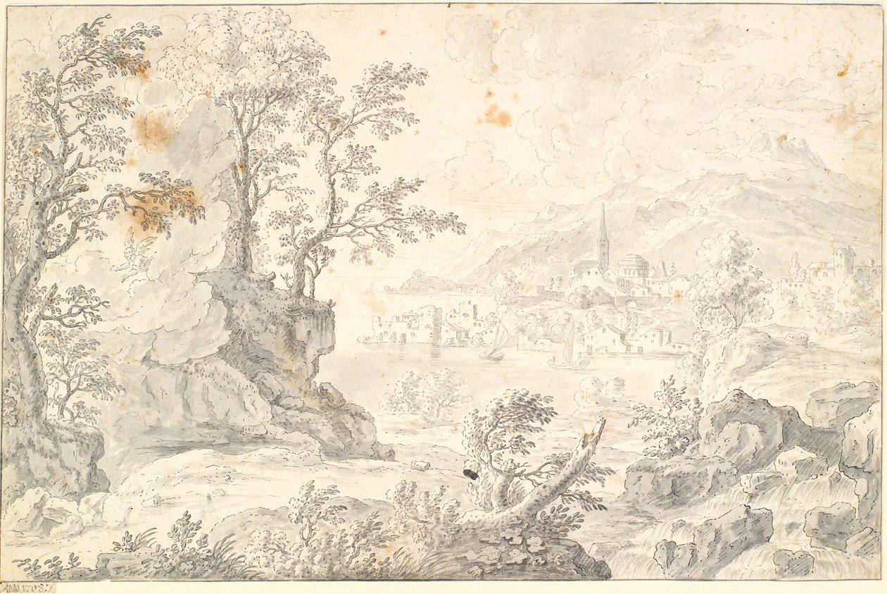 Paisaje con una ciudad (¿Hamburgo?) junto al lago o vista al mar de Jacob Stockmann