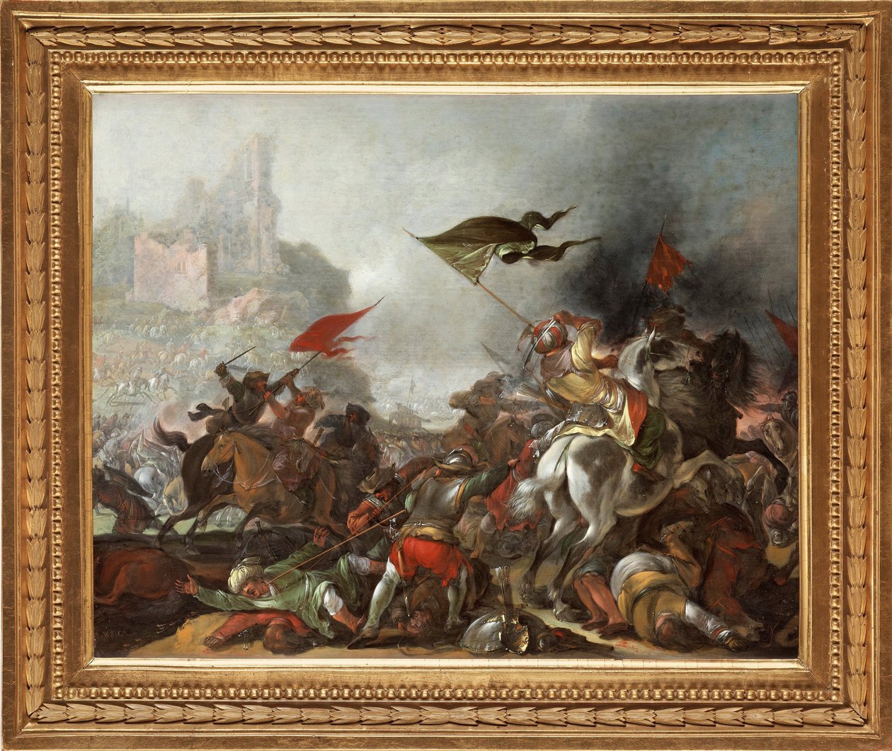 Batalla entre turcos y cristianos durante la captura de Constantinopla por el ejército otomano en 1453 - Pintura de Jacob Matthias Weyer (1620-1670), óleo sobre madera (39x49 cm) - La guerra turca, Óleo sobre madera de Jacob Matthias Weyer - Colección priv de Jacob Weyer