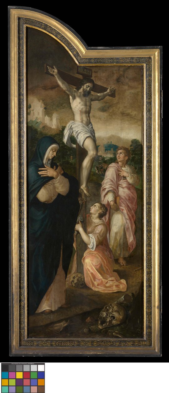 La crucifixión (ala izquierda), La profecía de la recuperación de Ezequías (panel central), El abad Jacobo Delrio con la santa patrona (ala derecha), La resurrección de Lázaro (grisalla, parte posterior de las alas exteriores). de Jacob de Backer