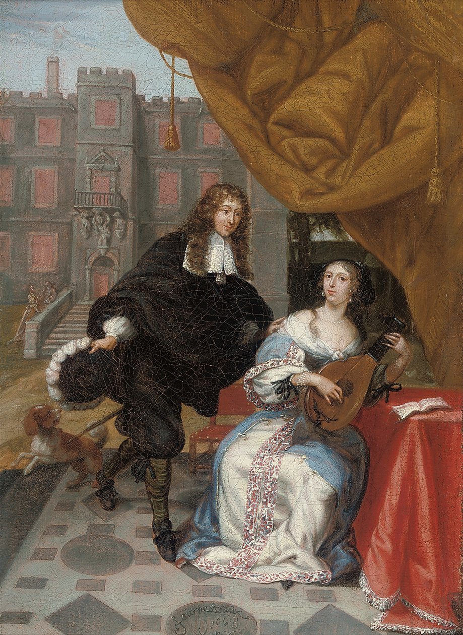 Un caballero cortejando a una dama haciendo música en un patio, 1668 de Jacob de Fourmentrou