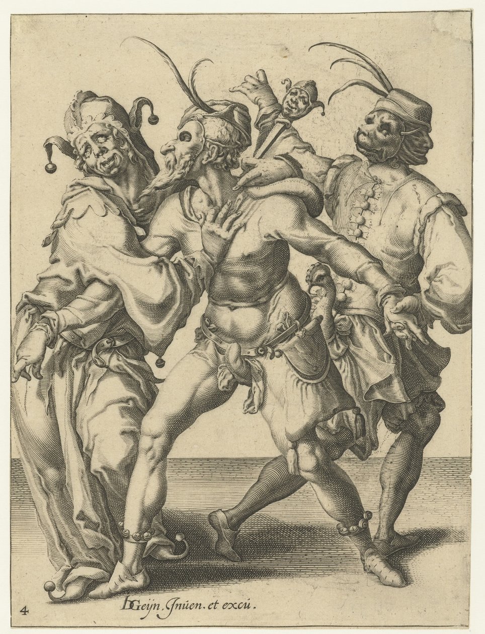 tres hombres bailando Las Mascaradas (título de la serie) de Jacob de Gheyn (II) (workshop of)