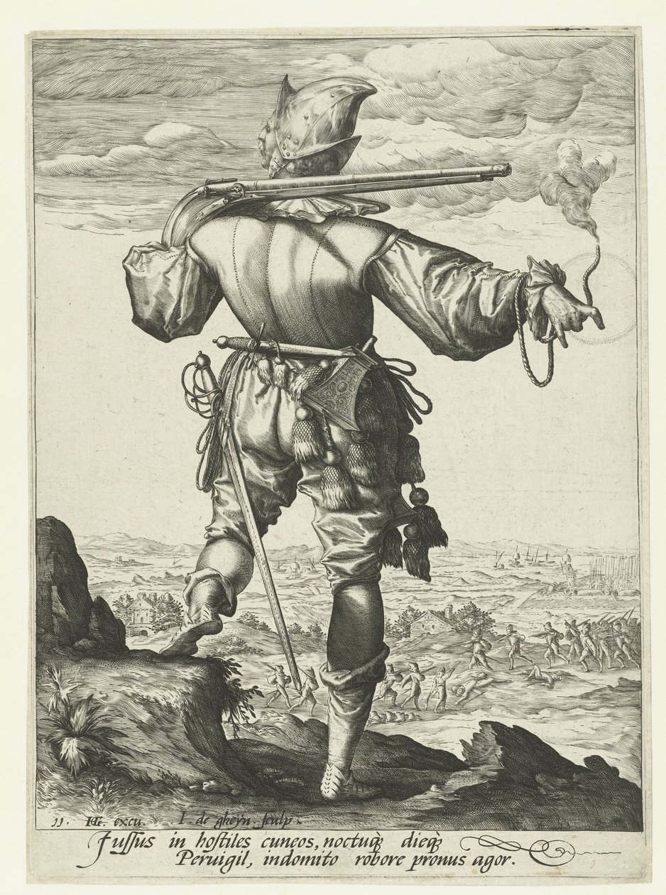 Mosquetero (¿arcabucero?) con casco puesto Oficiales y soldados (título de la serie) de Jacob de Gheyn (II)