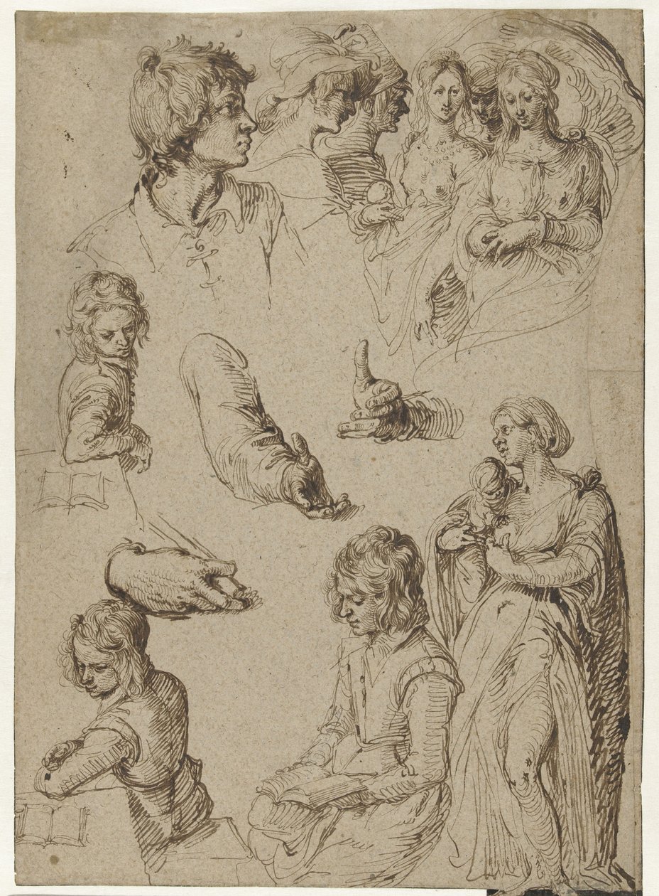 Estudio de manos y figuras. Hoja de estudio con un joven, una mujer con niño y un juicio de París o el sábado de las brujas de Jacob de Gheyn (II)