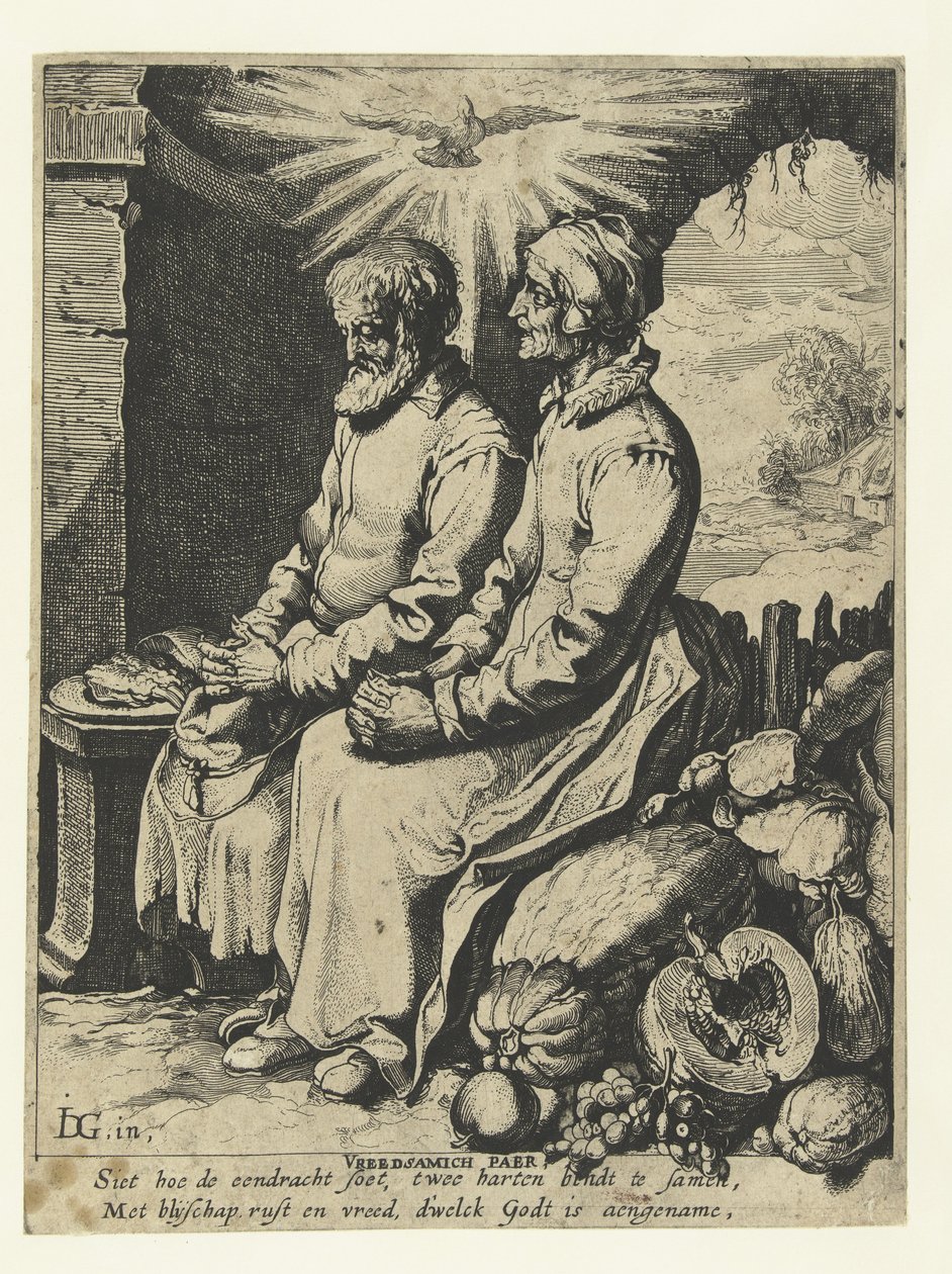 Pareja de ancianos rezando Vreedsamich paer (título sobre objeto) de Jacob de Gheyn (III)