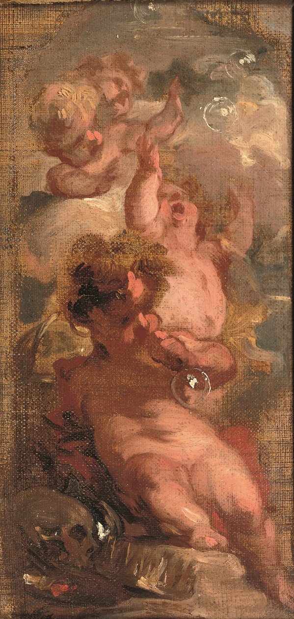 Una alegoría de Vanitas: cuatro putti que hacen burbujas, una calavera, una paleta de artista y una corona cercana (óleo sobre lienzo colocado en un panel) de Jacob de Wit