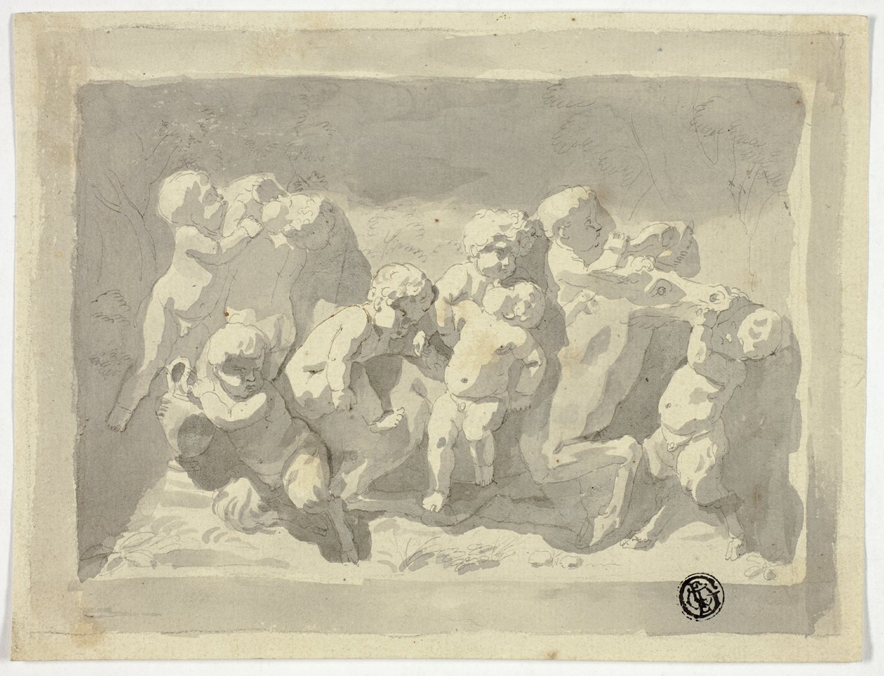 Bebé sátiro y Putti jugando con un burro de Jacob de Wit