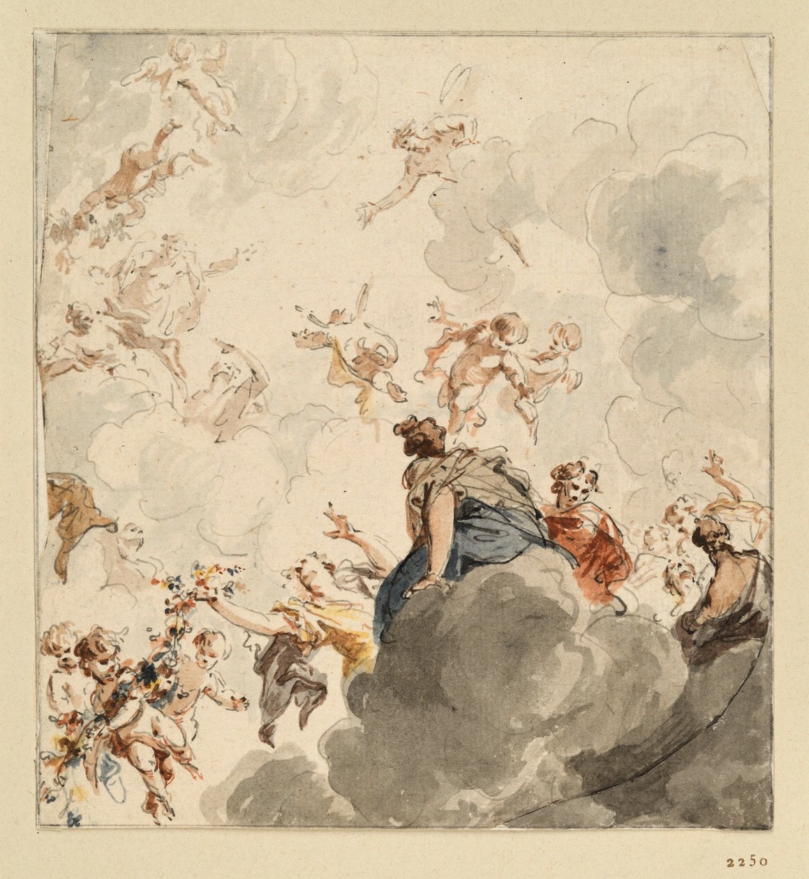 Boceto de un techo con figuras femeninas sentadas sobre las nubes y cupidos con flores volando por los aires de Jacob de Wit