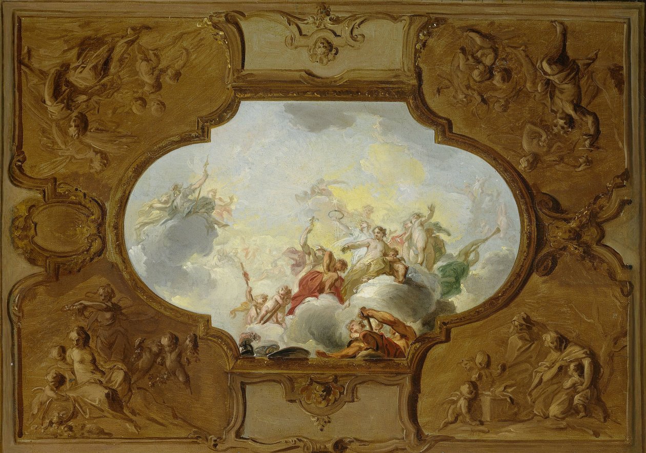 Diseño para una pintura en el techo con la Apoteosis de Eneas, en las esquinas las Cuatro Estaciones de Jacob de Wit