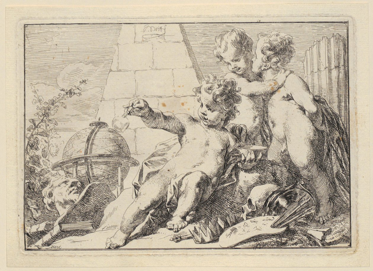Tres genios junto a una pirámide de Jacob de Wit