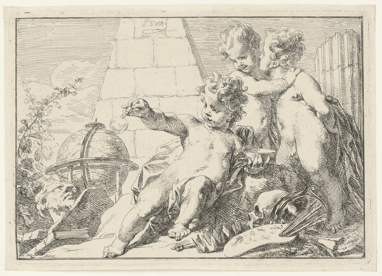 Tres genios junto a una pirámide de Jacob de Wit