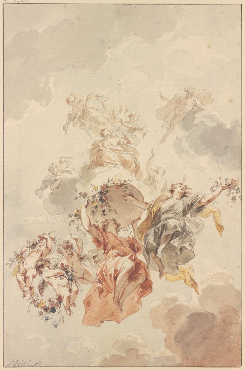 Genios y cupidos agrupados alrededor de una cesta de flores que se eleva hacia el cielo de Jacob de Wit