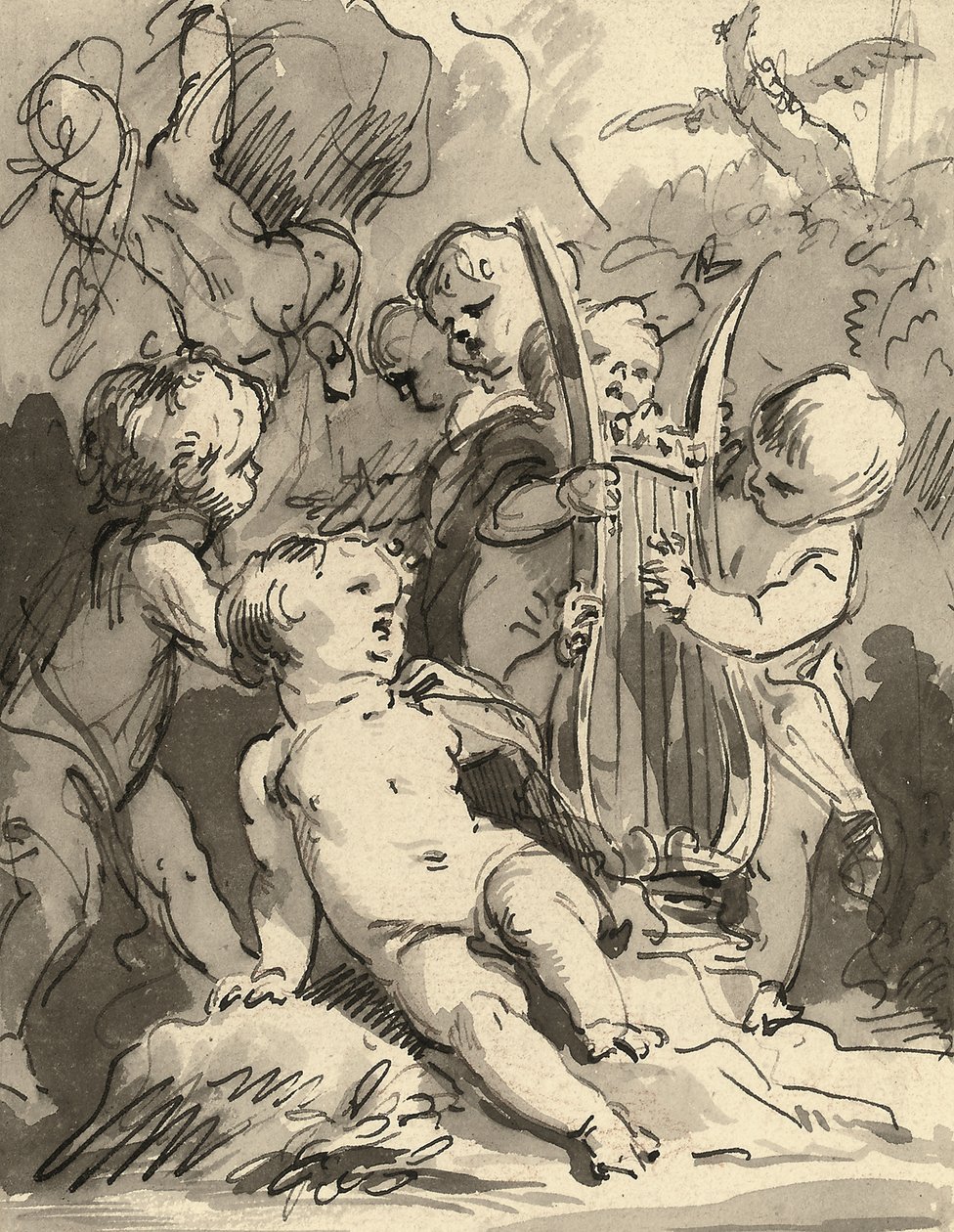 Putti tocando una lira (tiza roja, pluma y tinta negra y aguada gris) de Jacob de Wit