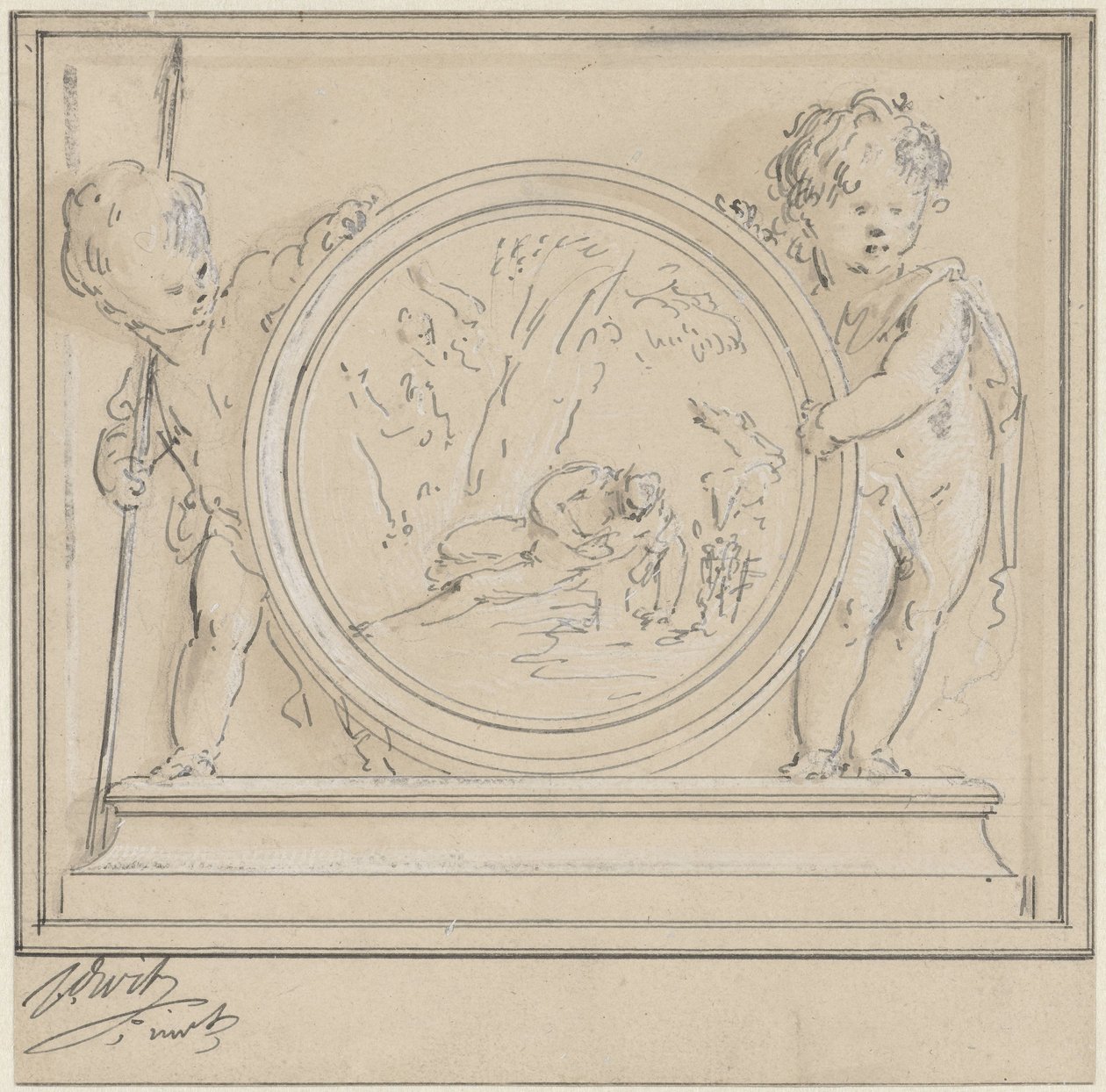 Dos amorcillos con medallón, en los que Narciso y Eco de Jacob de Wit