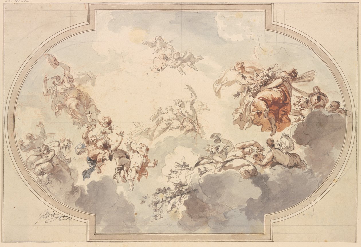 Muchos genios y bacantes flotan entre las nubes de Jacob de Wit