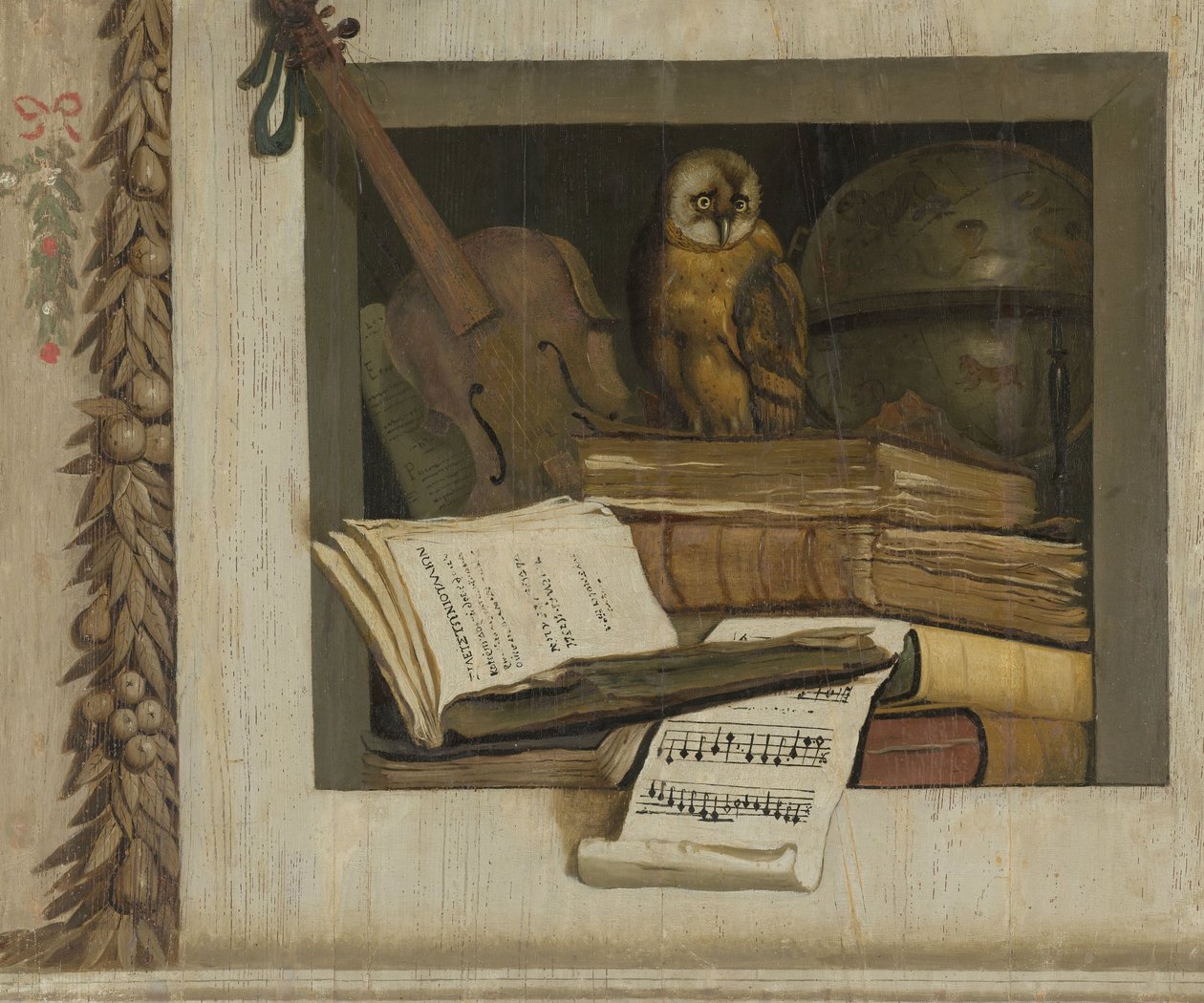 Bodegón con libros, partituras, violín, globo celeste y un búho de Jacob van Campen