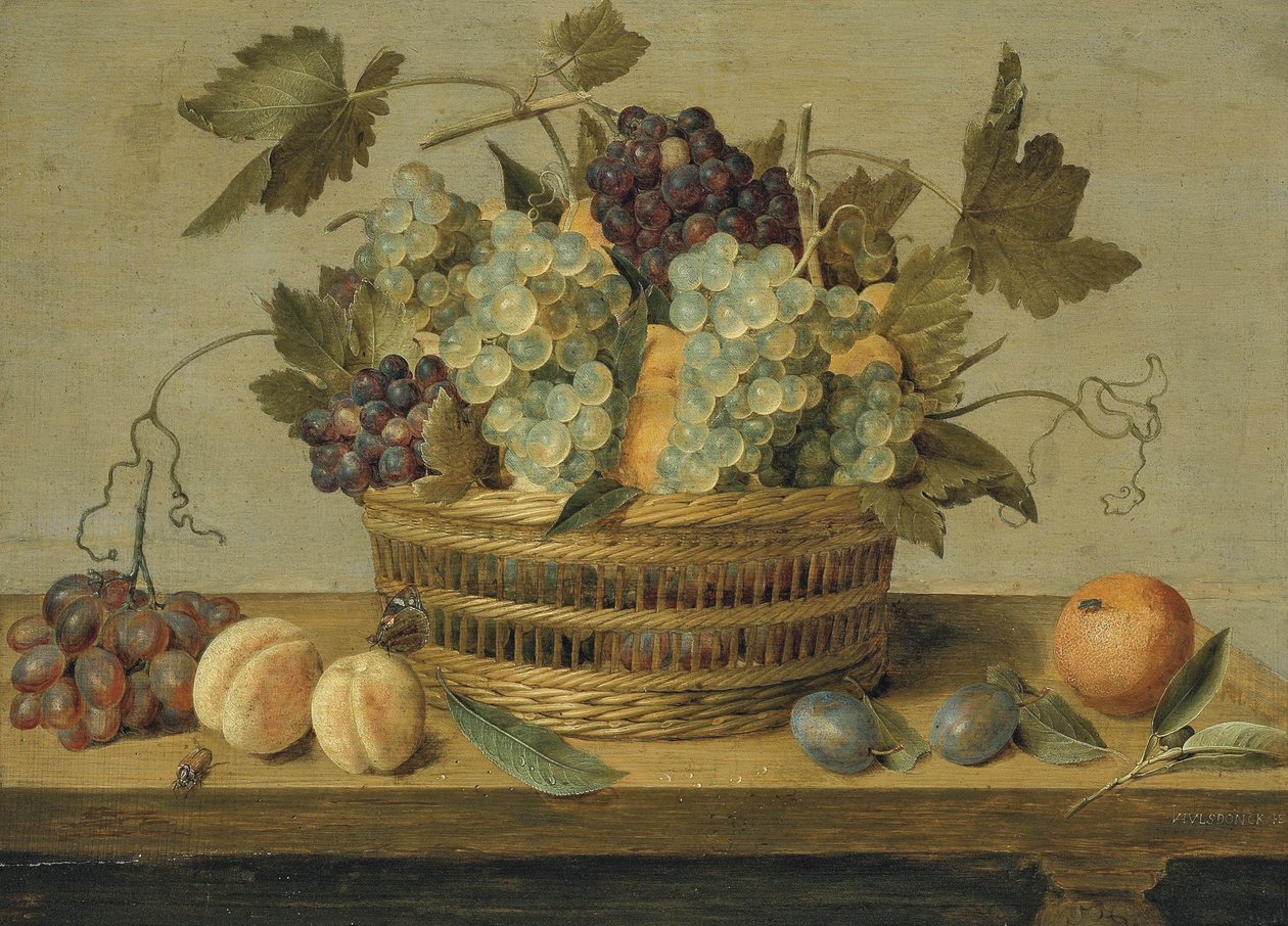 Nectarinas y uvas en una cesta sobre una mesa, con ciruelas, naranjas, una mariposa y un escarabajo de Jacob van Hulsdonck