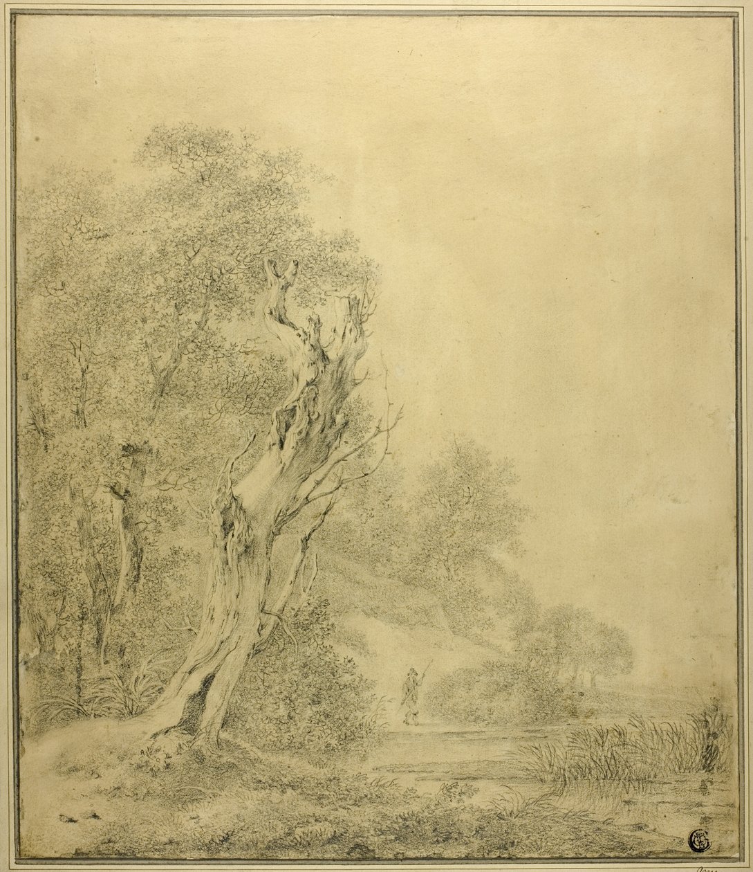 Árbol muerto al borde del agua, figura acercándose con un poste de Jacob van Ruisdael