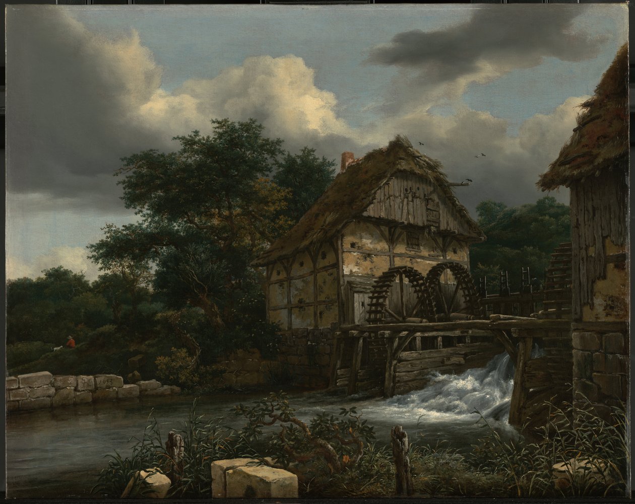 Dos molinos de agua y una esclusa abierta de Jacob van Ruisdael