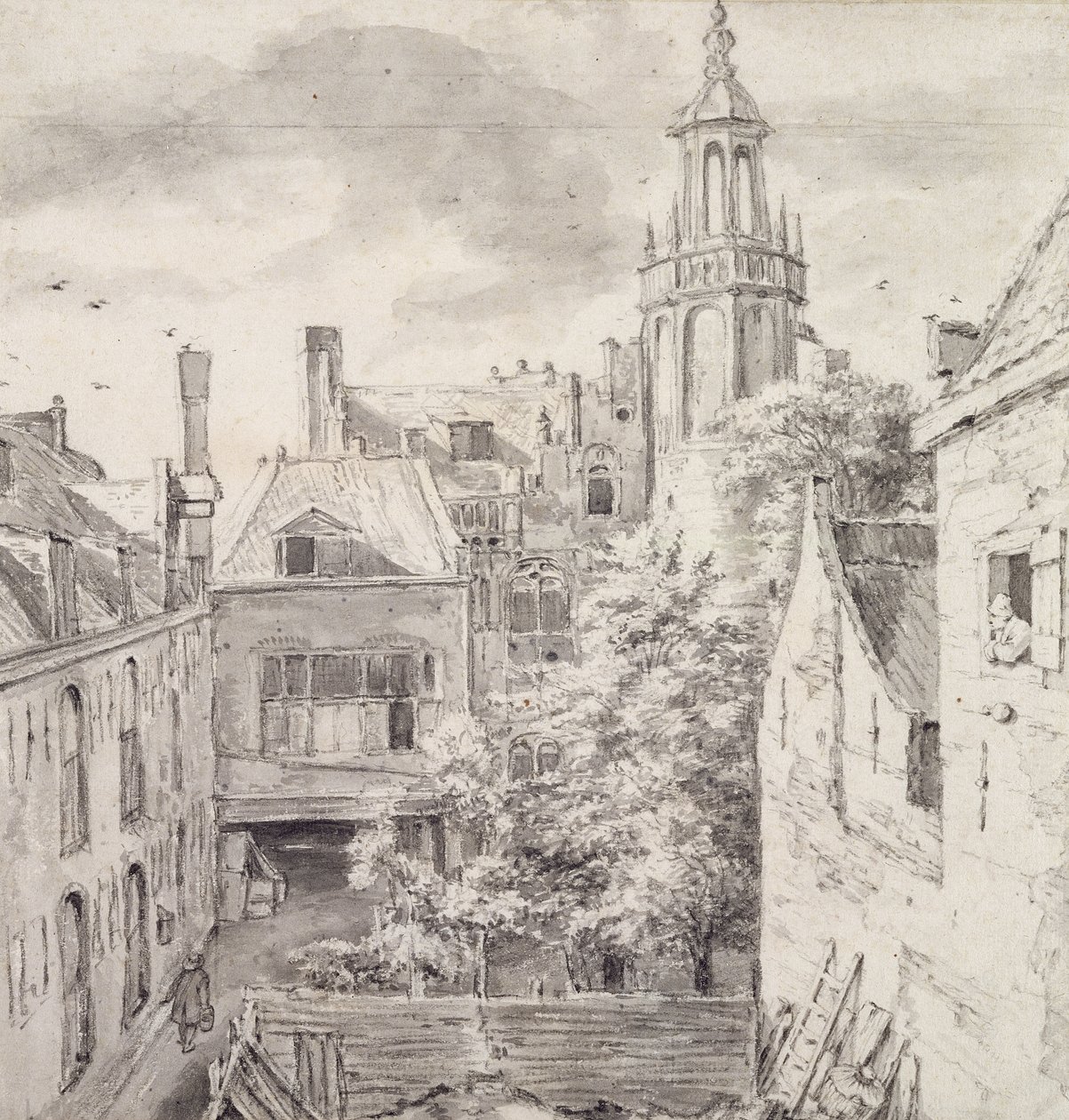 Vista del patio de la Casa de los Arqueros del Gremio de San Sebastián en el Singel en Ámsterdam de Jacob van Ruisdael