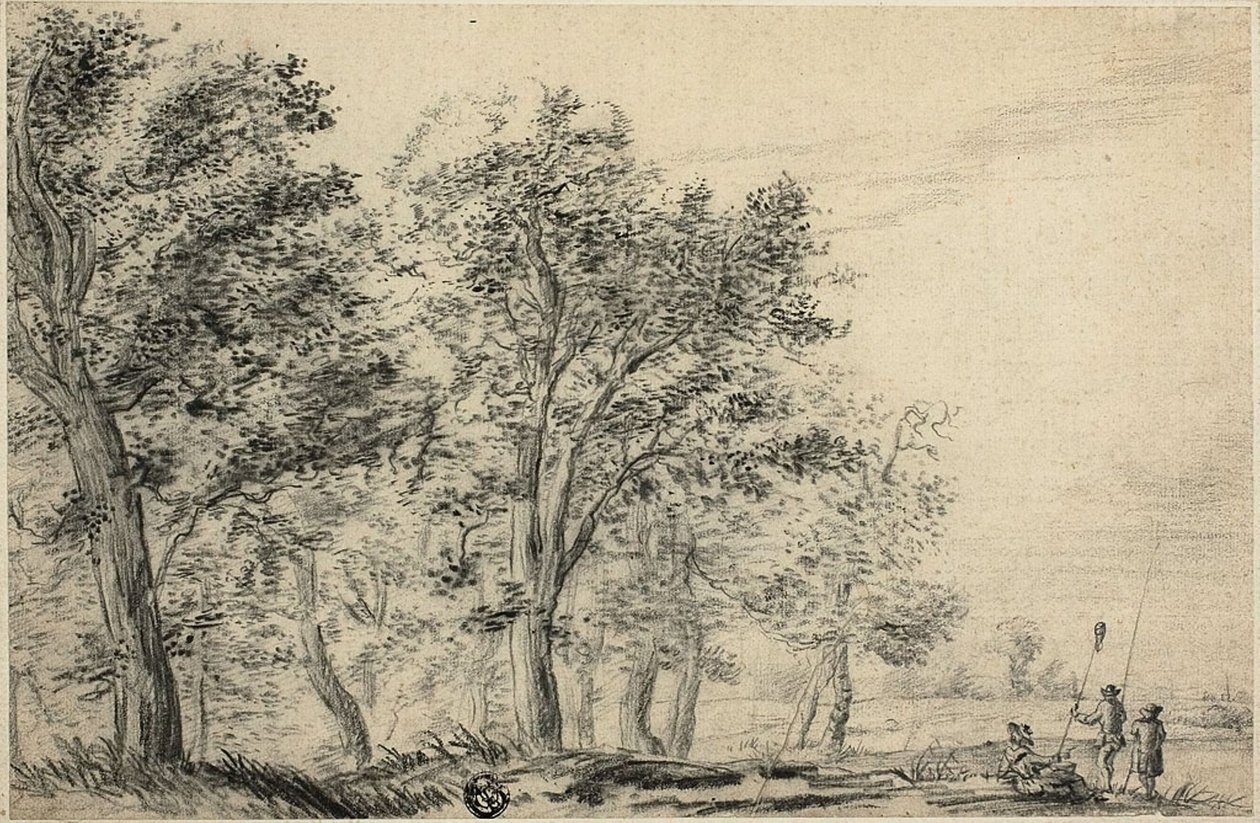 Paisaje fluvial boscoso con tres personas pescando de Jacob van Ruisdael