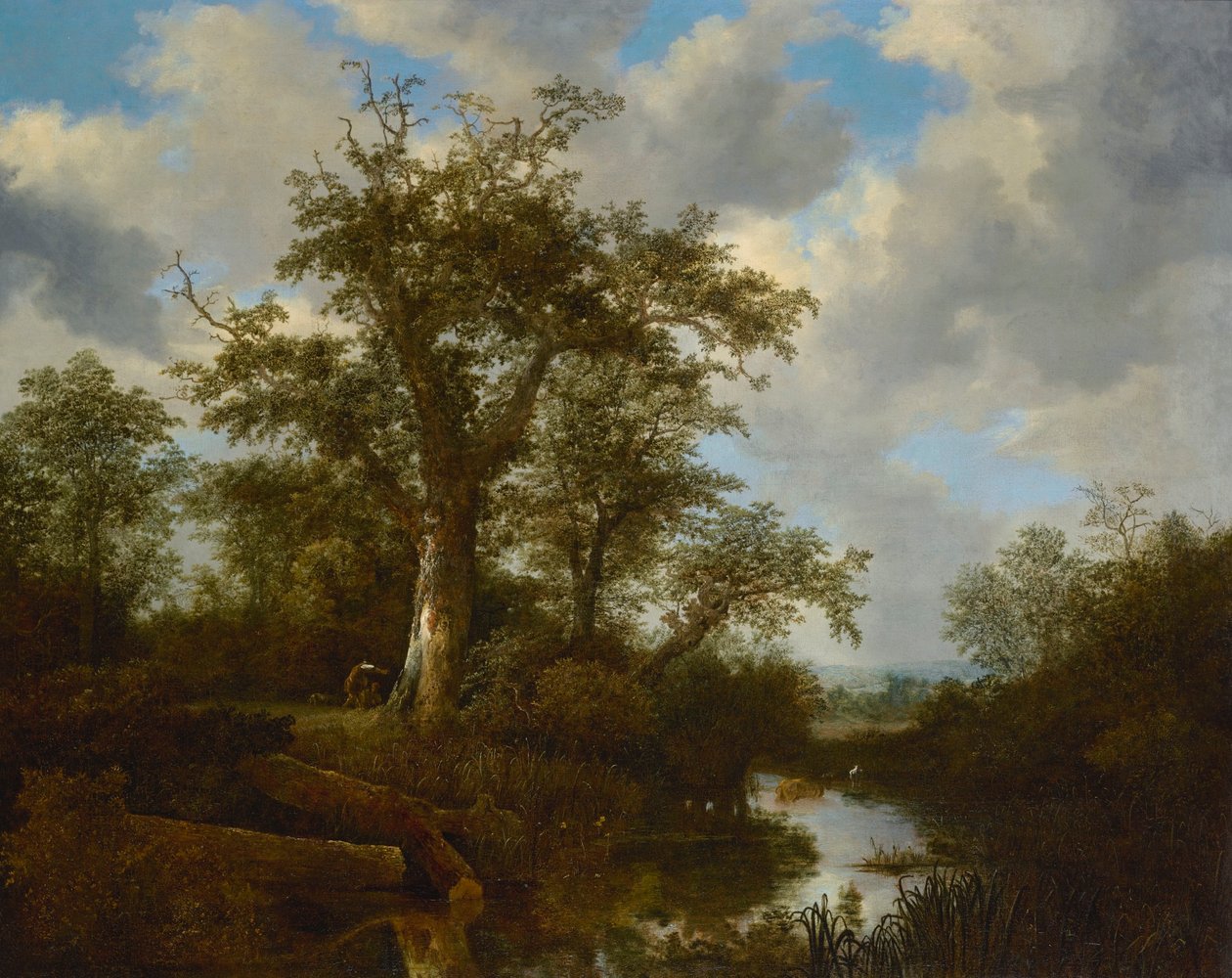 Paisaje boscoso con ganado cruzando un arroyo de Jacob van Ruisdael