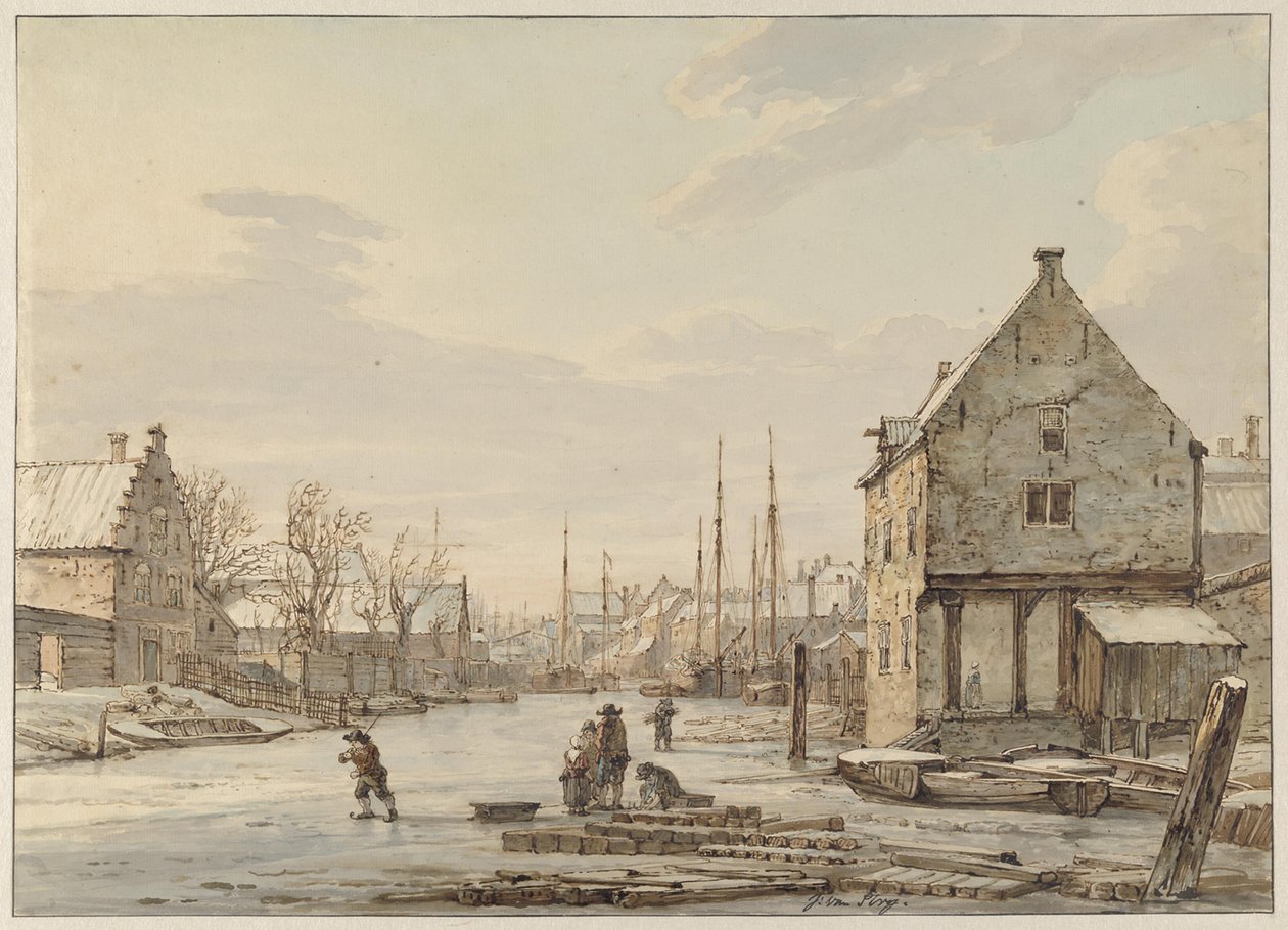Vista junto a la muralla de Dordrecht en invierno de Jacob van Strij