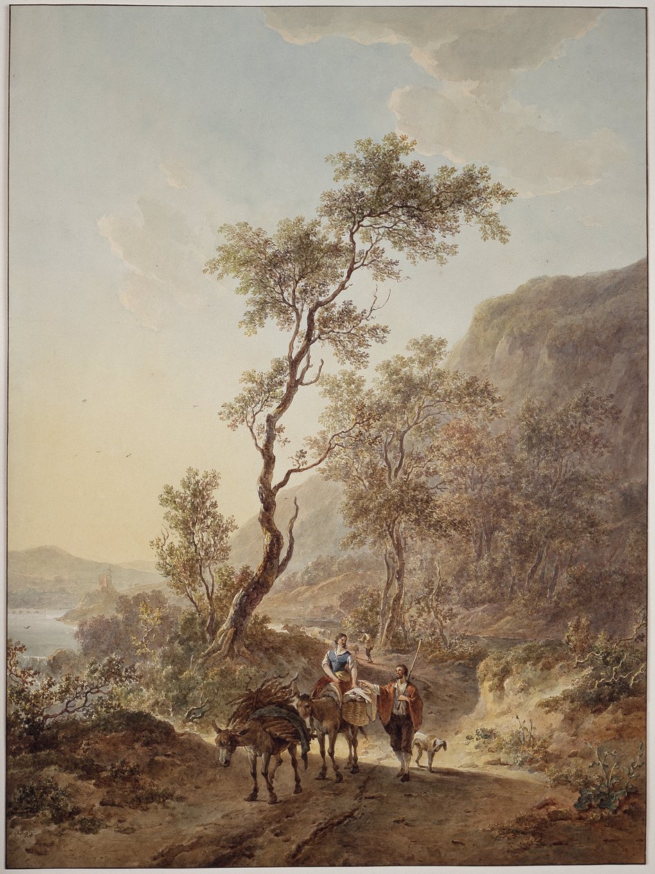 Paisaje italianizante con una pareja de pastores en un camino rural de Jacob van Strij